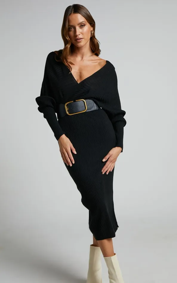 Showpo Sheika Midi Dress 8211 Long Sleeve Off Shoulder Knit Dress In Black Women Curve Clothes
