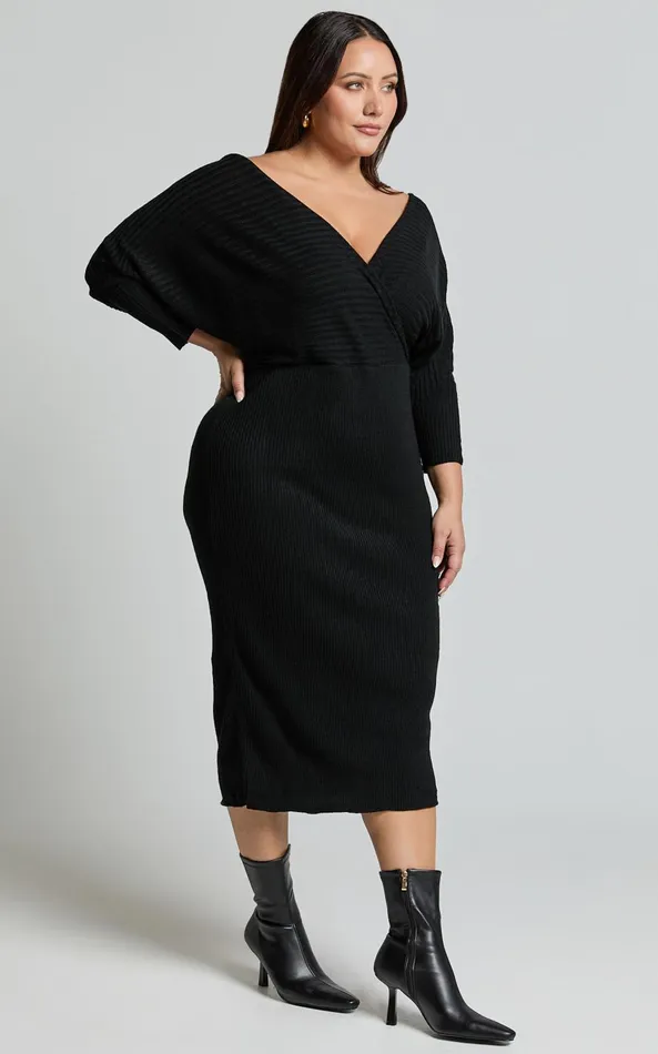 Showpo Sheika Midi Dress 8211 Long Sleeve Off Shoulder Knit Dress In Black Women Curve Clothes