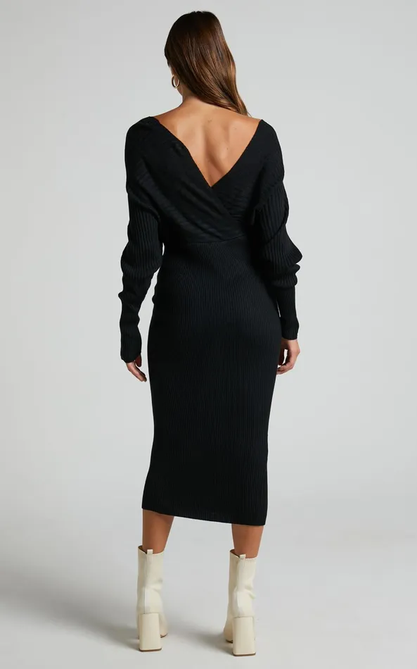 Showpo Sheika Midi Dress 8211 Long Sleeve Off Shoulder Knit Dress In Black Women Curve Clothes