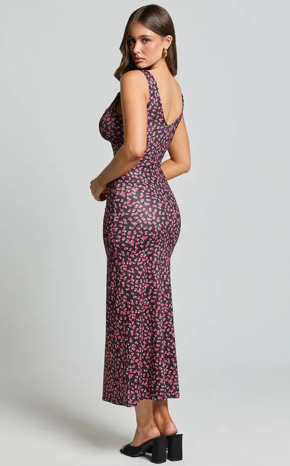 Showpo Sheila Midi Dress 8211 Wide Strap V Neck Sleeveless Slip Dress In Rose Print Women Dresses