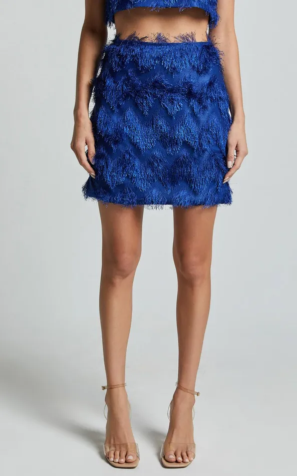 Showpo Shelby Mini Skirt 8211 High Waist Fringe Skirt In Cobalt Blue Women Skirts