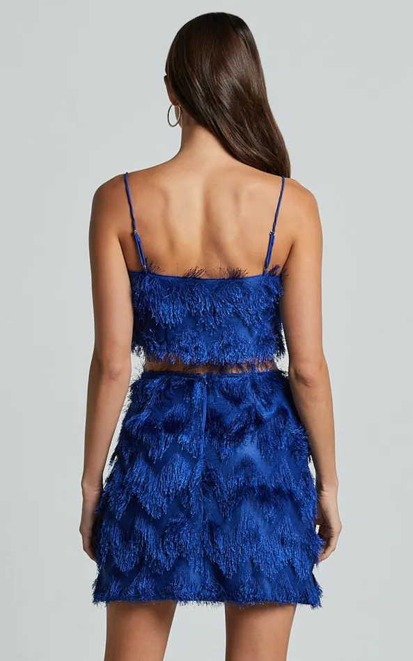 Showpo Shelby Mini Skirt 8211 High Waist Fringe Skirt In Cobalt Blue Women Skirts