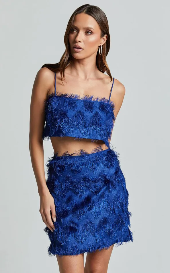Showpo Shelby Top 8211 Strappy Fringe Crop Top In Cobalt Blue Women Tops