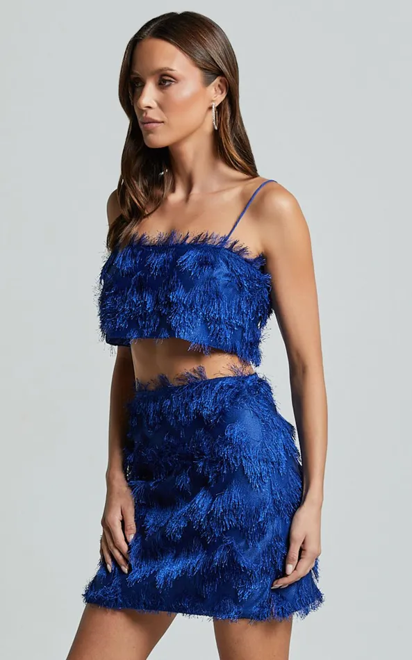 Showpo Shelby Top 8211 Strappy Fringe Crop Top In Cobalt Blue Women Tops