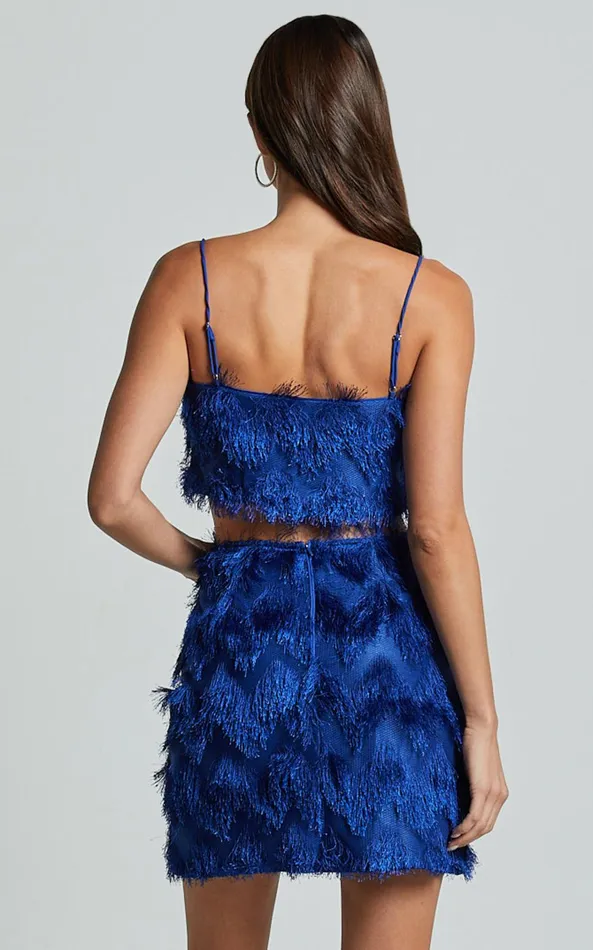 Showpo Shelby Top 8211 Strappy Fringe Crop Top In Cobalt Blue Women Tops