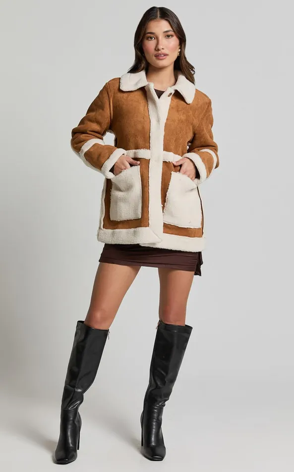 Showpo Shelley Coat 8211 Faux Shearling Aviator Coat In Brown Women Jackets and Coats
