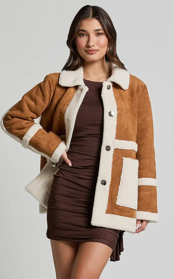 Showpo Shelley Coat 8211 Faux Shearling Aviator Coat In Brown Women Jackets and Coats