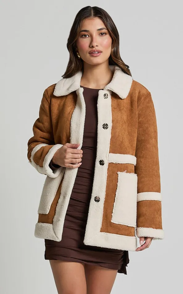 Showpo Shelley Coat 8211 Faux Shearling Aviator Coat In Brown Women Jackets and Coats