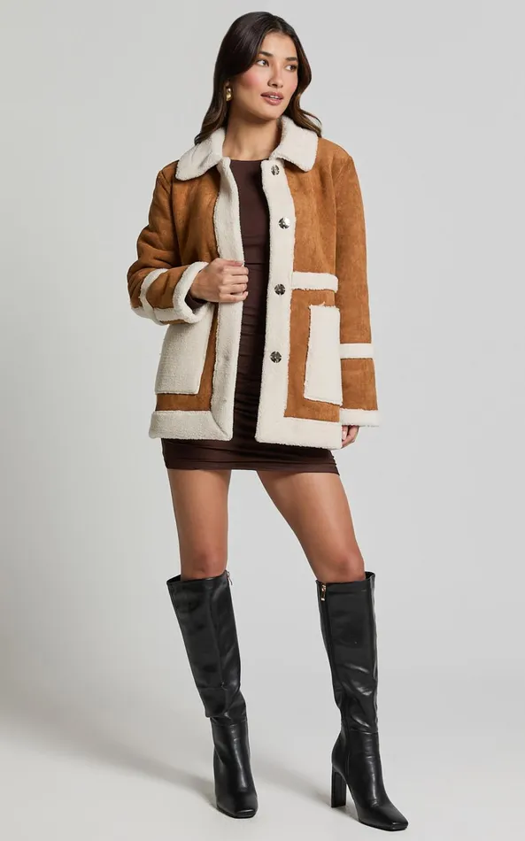 Showpo Shelley Coat 8211 Faux Shearling Aviator Coat In Brown Women Jackets and Coats