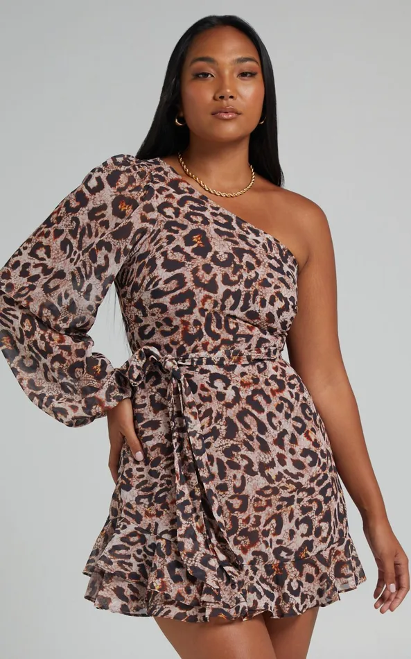 Showpo Sherlena Mini Dress 8211 One Shoulder Dress In Leopard Women Dresses