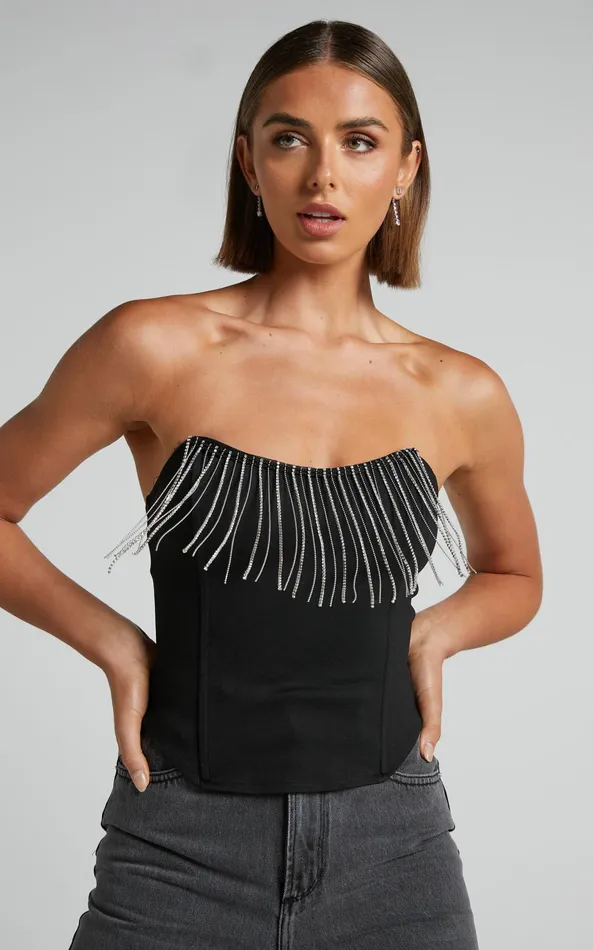 Showpo Shikita Top 8211 Diamante Trim Strapless Corset Top In Black Women Tops