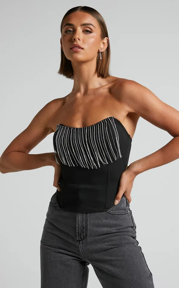 Showpo Shikita Top 8211 Diamante Trim Strapless Corset Top In Black Women Tops