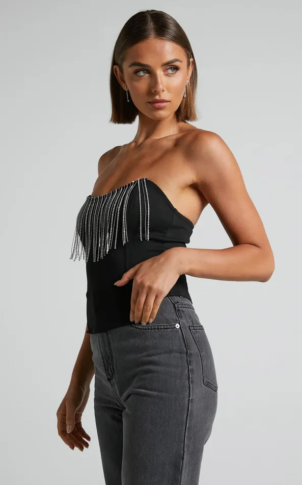 Showpo Shikita Top 8211 Diamante Trim Strapless Corset Top In Black Women Tops