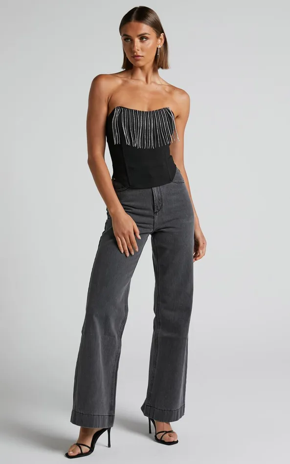 Showpo Shikita Top 8211 Diamante Trim Strapless Corset Top In Black Women Tops