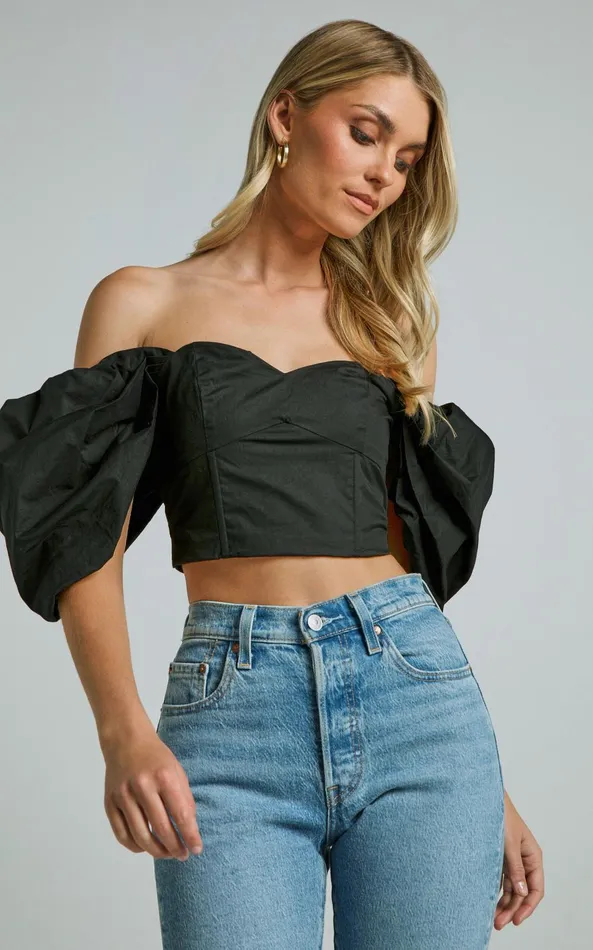 Showpo Shona Top 8211 Off Shoulder Sweetheart Neck Puff Sleeve In Black Women Tops