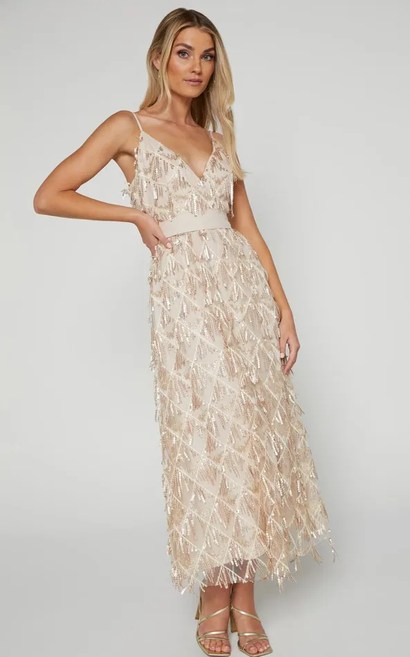 Showpo Shook Midi Dress Plunge Fringe Midi Dress In Champagne Sequin In Gold Women Dresses Showpo Shook Midi Dress Plunge Fringe Midi Dress In Champagne Sequin In Gold Women Dresses