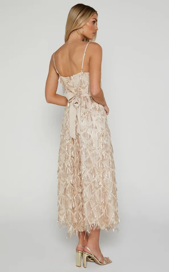 Showpo Shook Midi Dress Plunge Fringe Midi Dress In Champagne Sequin In Gold Women Dresses