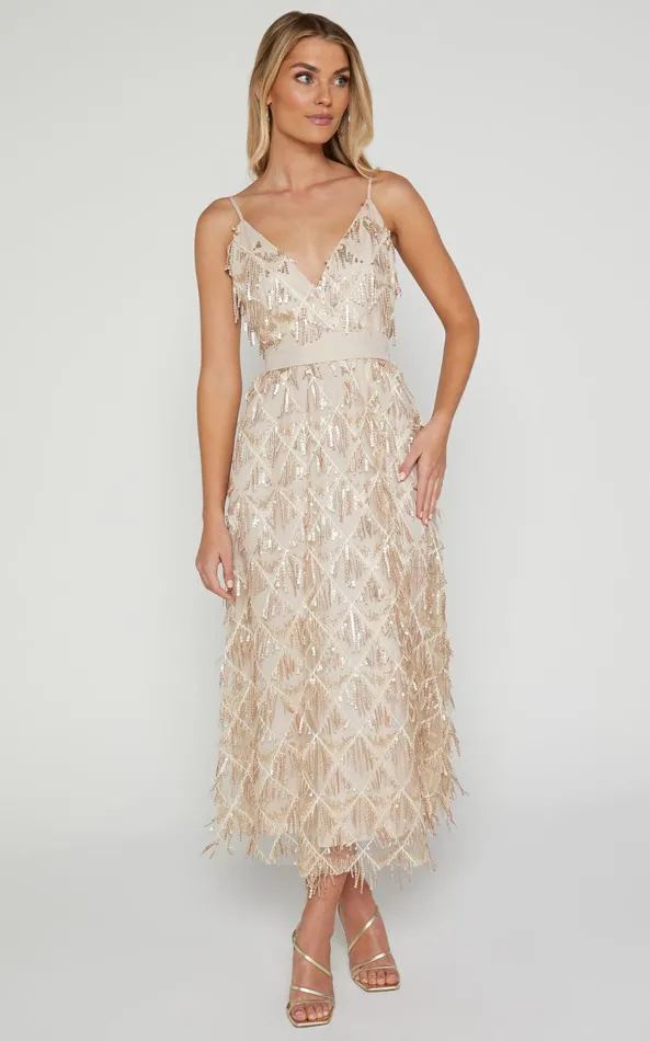 Showpo Shook Midi Dress Plunge Fringe Midi Dress In Champagne Sequin In Gold Women Dresses