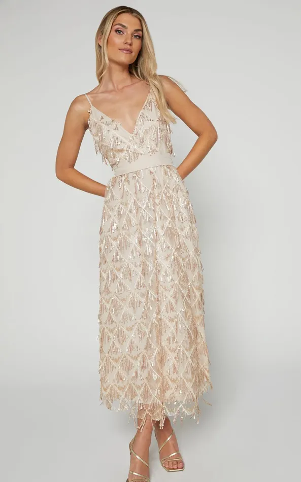 Showpo Shook Midi Dress Plunge Fringe Midi Dress In Champagne Sequin In Gold Women Dresses