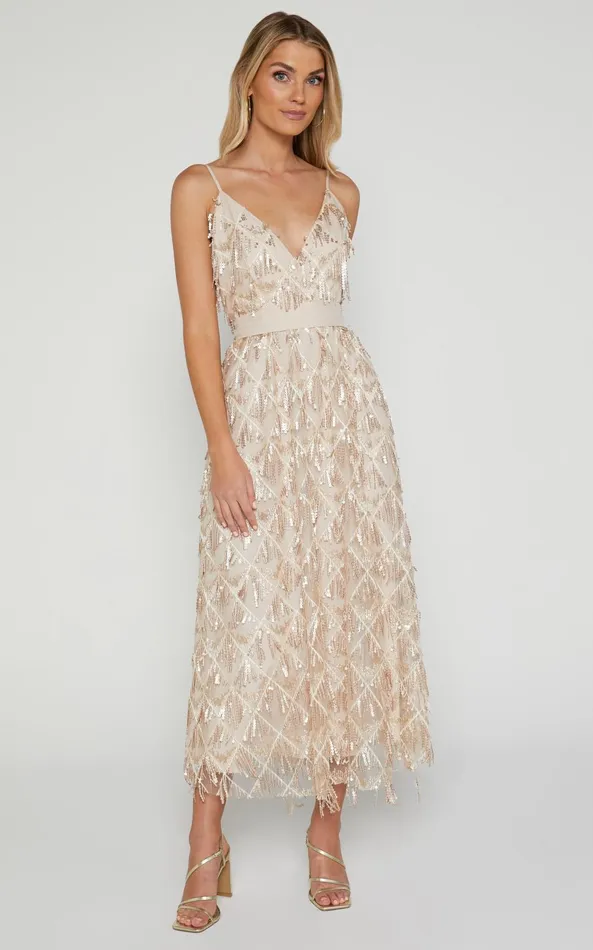 Showpo Shook Midi Dress Plunge Fringe Midi Dress In Champagne Sequin In Gold Women Dresses