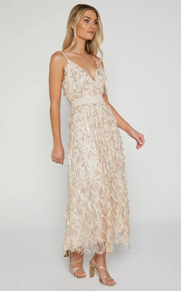 Showpo Shook Midi Dress Plunge Fringe Midi Dress In Champagne Sequin In Gold Women Dresses