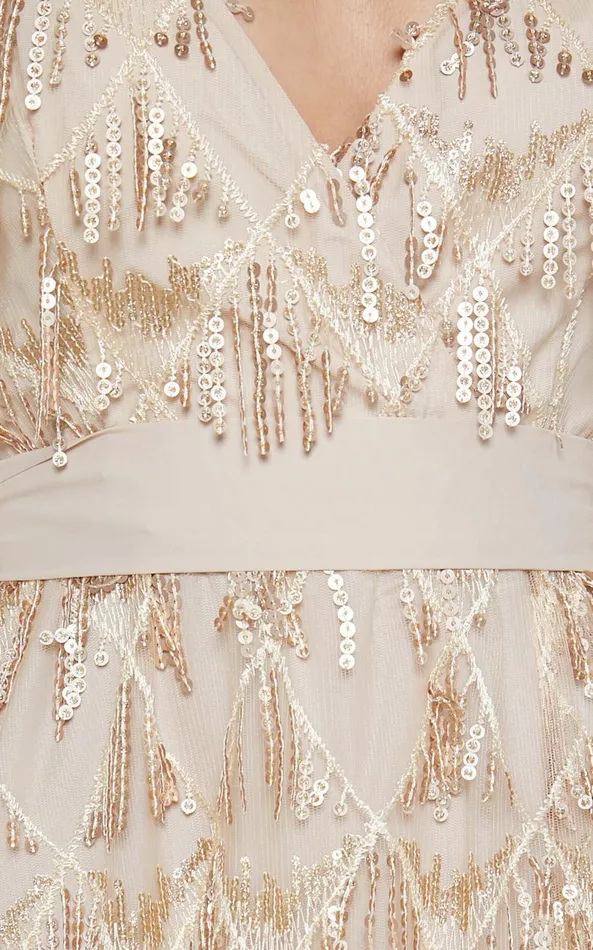 Showpo Shook Midi Dress Plunge Fringe Midi Dress In Champagne Sequin In Gold Women Dresses