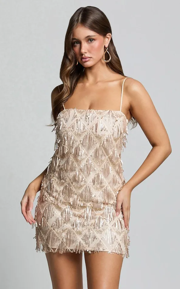 Showpo Shook Mini Dress In Champagne Sequin Women Curve Clothes