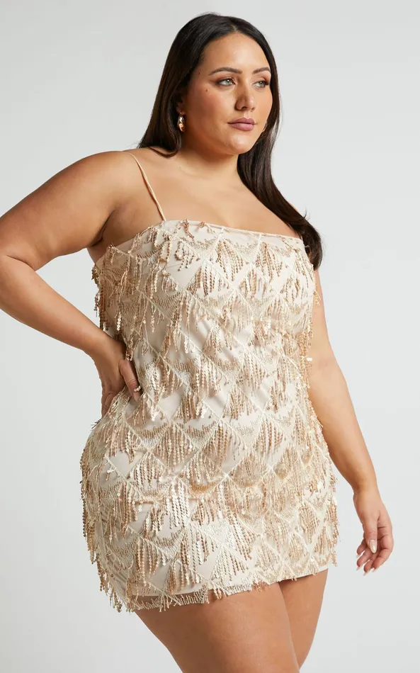 Showpo Shook Mini Dress In Champagne Sequin Women Curve Clothes