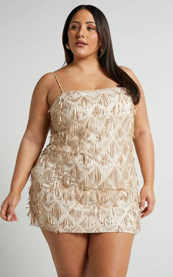 Showpo Shook Mini Dress In Champagne Sequin Women Curve Clothes