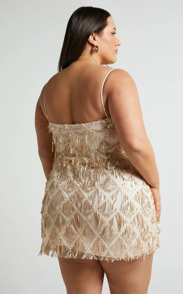Showpo Shook Mini Dress In Champagne Sequin Women Curve Clothes