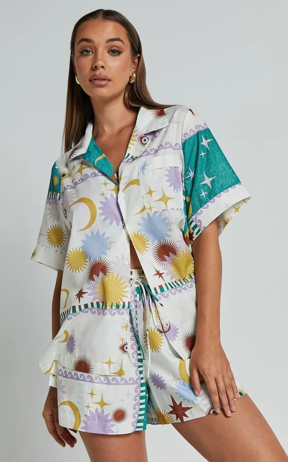 Showpo Sifani Top 8211 Relaxed Button Through Collared Shirt In Cosmic Summer Women Tops Showpo Sifani Top 8211 Relaxed Button Through Collared Shirt In Cosmic Summer Women Tops