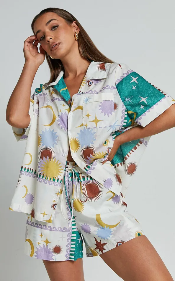 Showpo Sifani Top 8211 Relaxed Button Through Collared Shirt In Cosmic Summer Women Tops