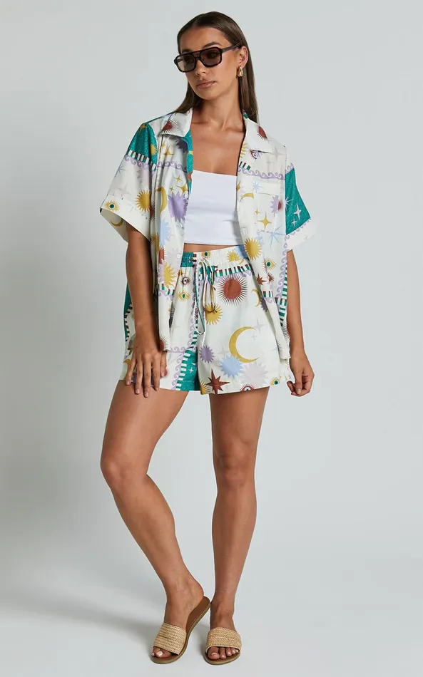 Showpo Sifani Top 8211 Relaxed Button Through Collared Shirt In Cosmic Summer Women Tops