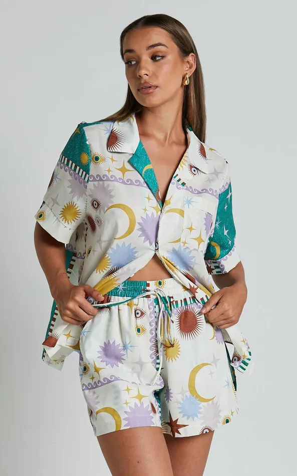 Showpo Sifani Top 8211 Relaxed Button Through Collared Shirt In Cosmic Summer Women Tops
