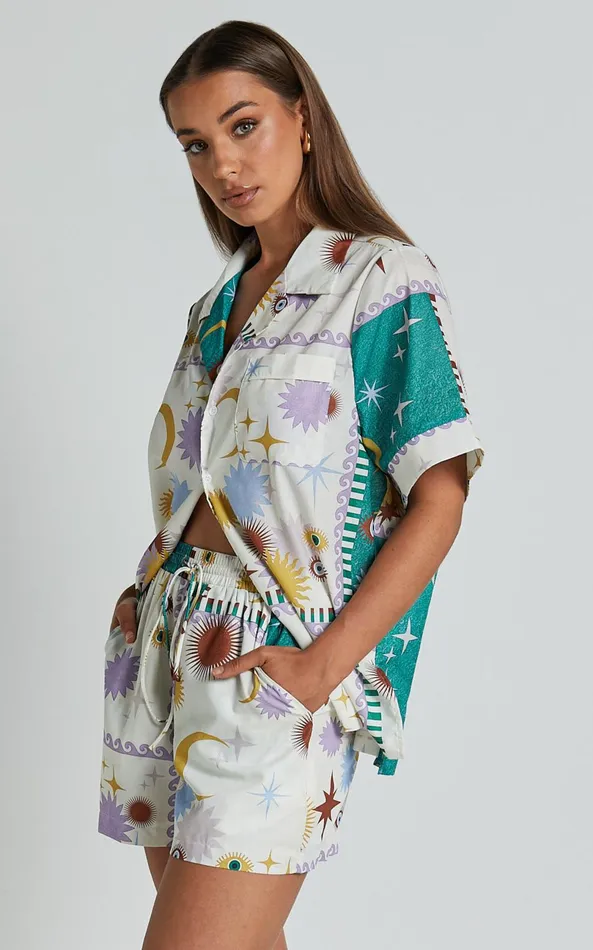 Showpo Sifani Top 8211 Relaxed Button Through Collared Shirt In Cosmic Summer Women Tops