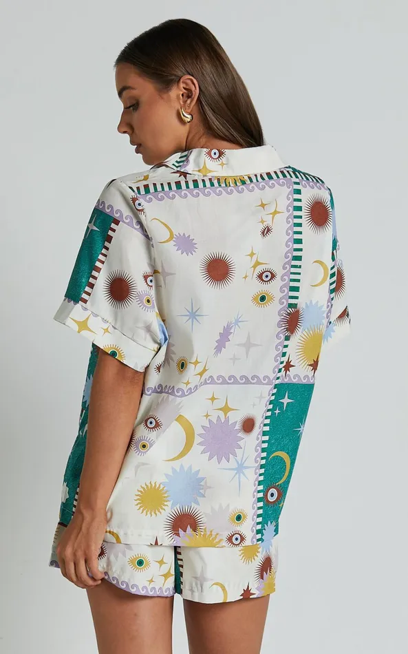 Showpo Sifani Top 8211 Relaxed Button Through Collared Shirt In Cosmic Summer Women Tops