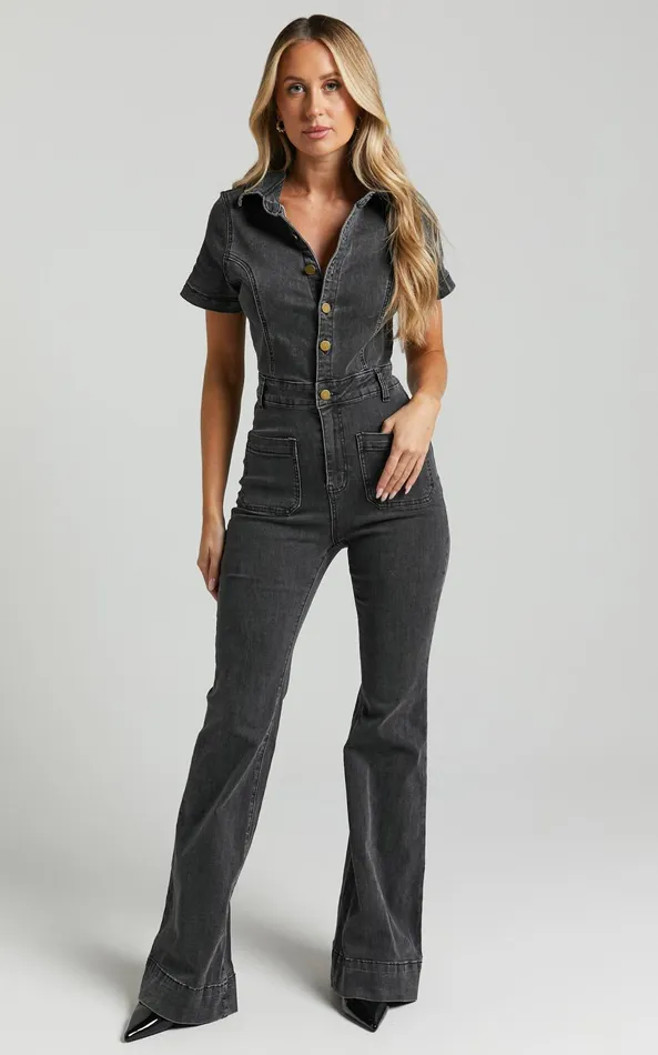 Showpo Silvena Jumpsuit 8211 Short Sleeve Flared Denim Jumpsuit In Black Wash Women Curve Clothes Showpo Silvena Jumpsuit 8211 Short Sleeve Flared Denim Jumpsuit In Black Wash Women Curve Clothes