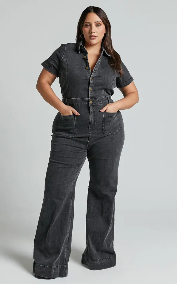 Showpo Silvena Jumpsuit 8211 Short Sleeve Flared Denim Jumpsuit In Black Wash Women Curve Clothes