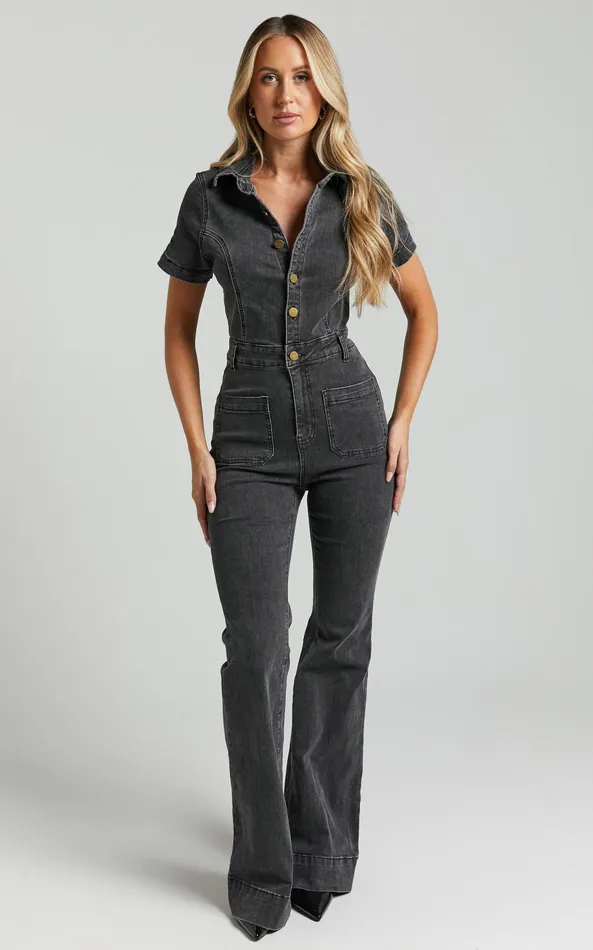 Showpo Silvena Jumpsuit 8211 Short Sleeve Flared Denim Jumpsuit In Black Wash Women Curve Clothes