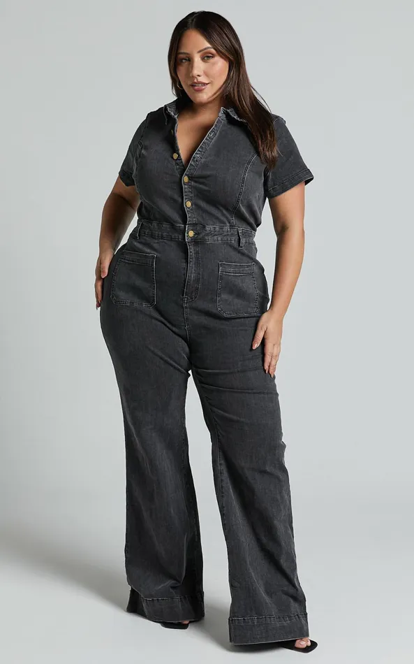 Showpo Silvena Jumpsuit 8211 Short Sleeve Flared Denim Jumpsuit In Black Wash Women Curve Clothes