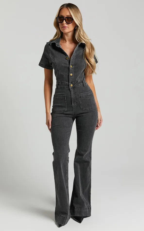 Showpo Silvena Jumpsuit 8211 Short Sleeve Flared Denim Jumpsuit In Black Wash Women Curve Clothes