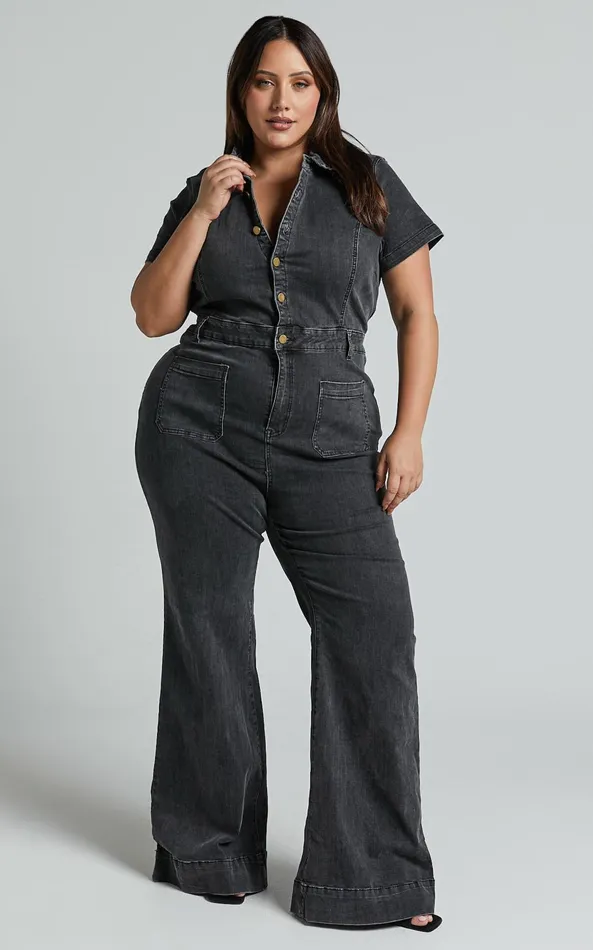 Showpo Silvena Jumpsuit 8211 Short Sleeve Flared Denim Jumpsuit In Black Wash Women Curve Clothes