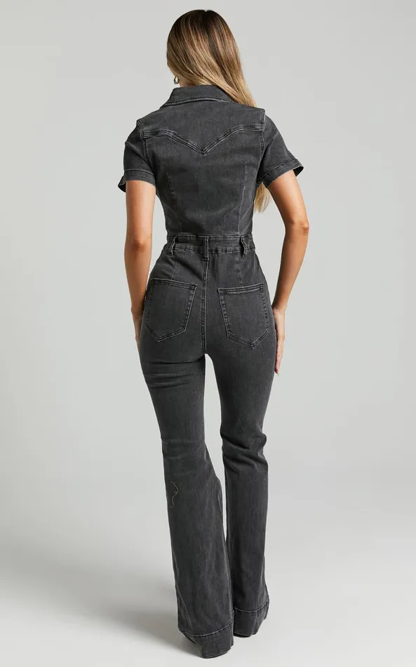 Showpo Silvena Jumpsuit 8211 Short Sleeve Flared Denim Jumpsuit In Black Wash Women Curve Clothes