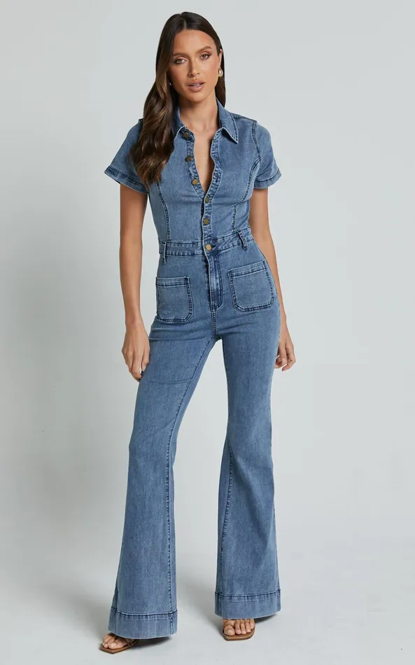 Showpo Silvena Jumpsuit 8211 Short Sleeve Flared Denim Jumpsuit In Blue Women Curve Clothes Showpo Silvena Jumpsuit 8211 Short Sleeve Flared Denim Jumpsuit In Blue Women Curve Clothes