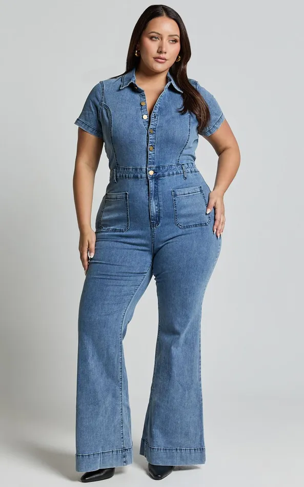 Showpo Silvena Jumpsuit 8211 Short Sleeve Flared Denim Jumpsuit In Blue Women Curve Clothes