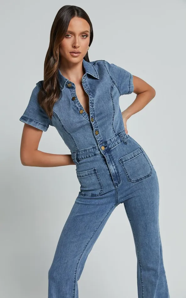 Showpo Silvena Jumpsuit 8211 Short Sleeve Flared Denim Jumpsuit In Blue Women Curve Clothes
