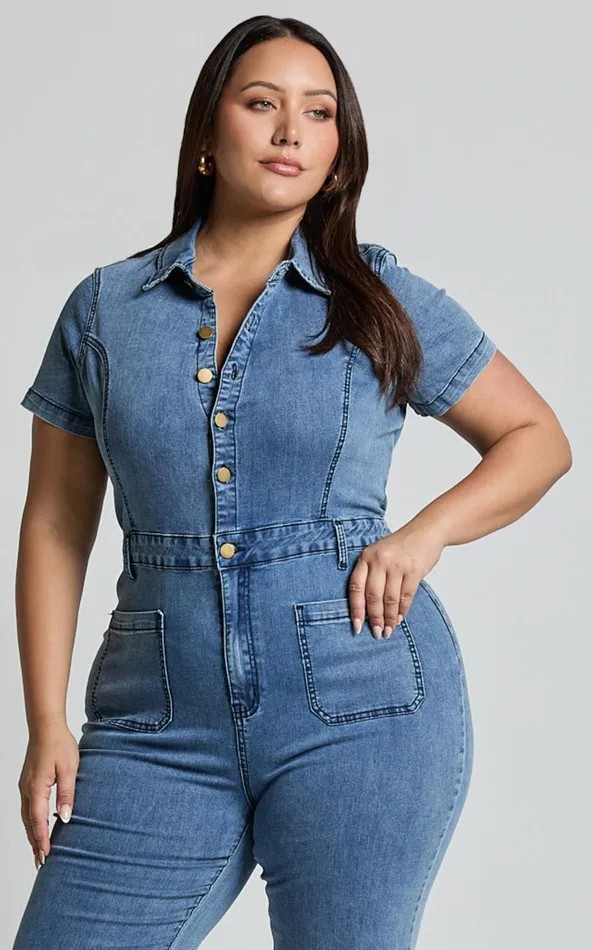 Showpo Silvena Jumpsuit 8211 Short Sleeve Flared Denim Jumpsuit In Blue Women Curve Clothes