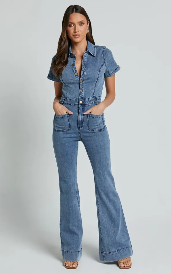 Showpo Silvena Jumpsuit 8211 Short Sleeve Flared Denim Jumpsuit In Blue Women Curve Clothes