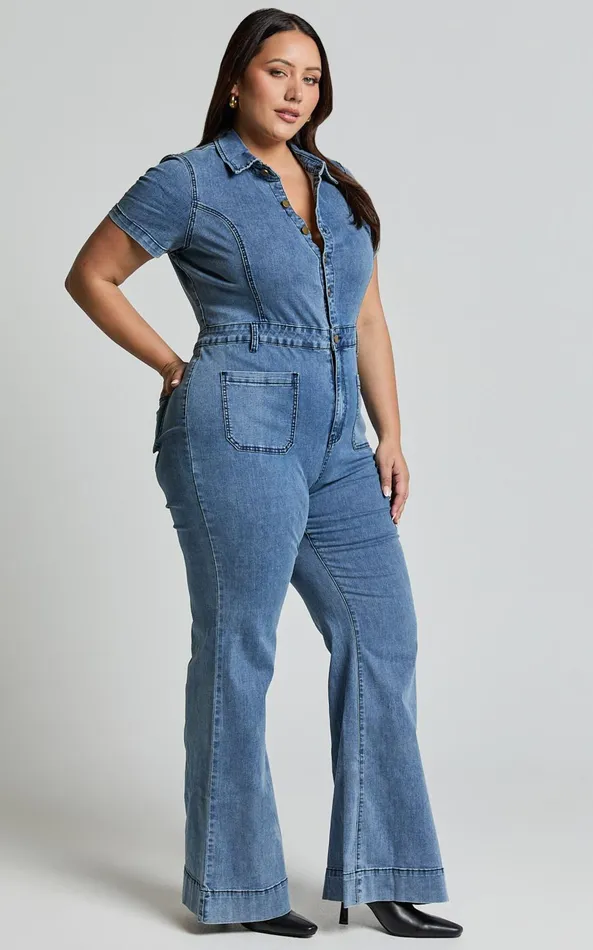 Showpo Silvena Jumpsuit 8211 Short Sleeve Flared Denim Jumpsuit In Blue Women Curve Clothes