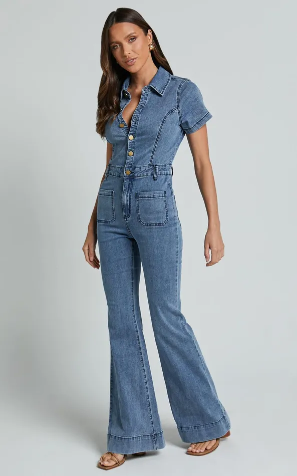Showpo Silvena Jumpsuit 8211 Short Sleeve Flared Denim Jumpsuit In Blue Women Curve Clothes
